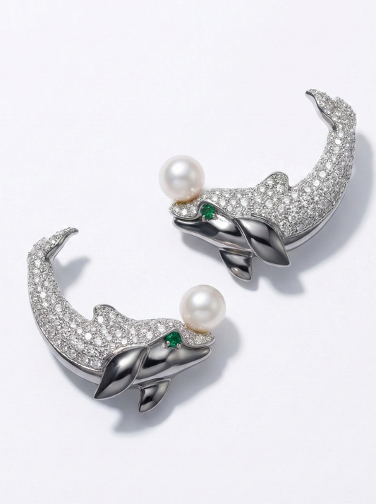 Cartier Pair Of Diamond And Emerald Dolphin Earclips