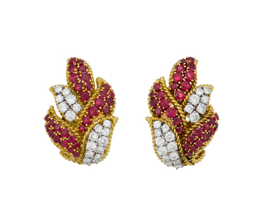 Van Cleef & Arpels Gold And Platinum, Ruby And Diamond Earrings