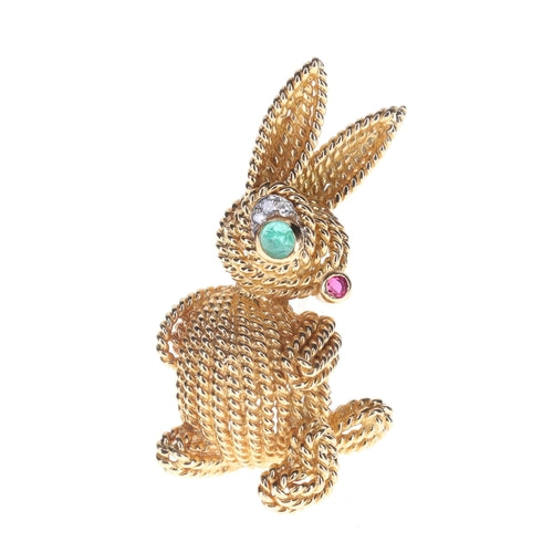 Van Cleef and Arpels Multi Gemstone Gold Rabbit Brooch